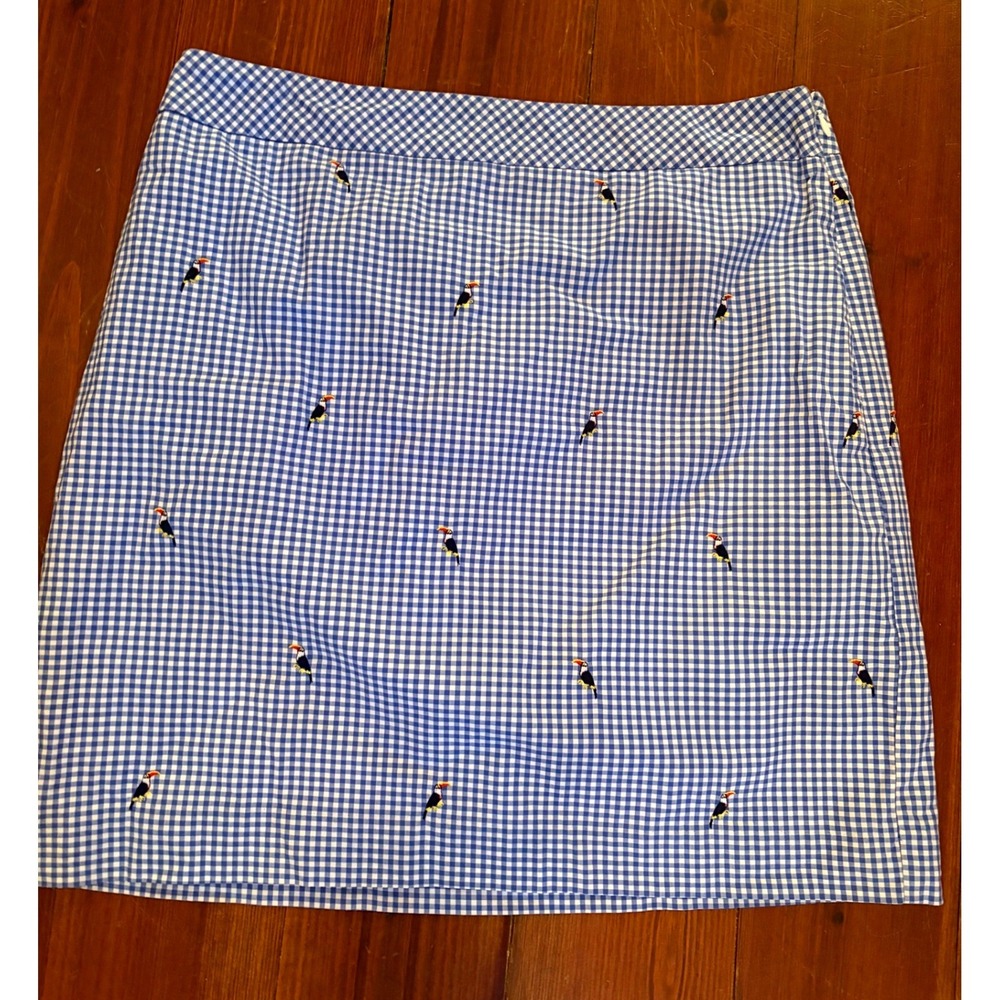 Talbots Toucan Gingham Skirt 8 Blue Preppy, Summer, Tropical, Cotton, Mini, Bird